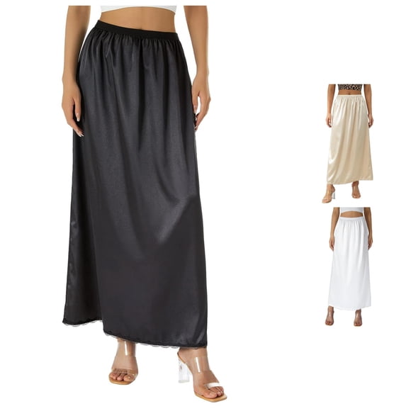 Women's Half Slip Underskirt Satin Fabric with Lace Hem Elastic Waist for Under Dresses Slip Skirt
