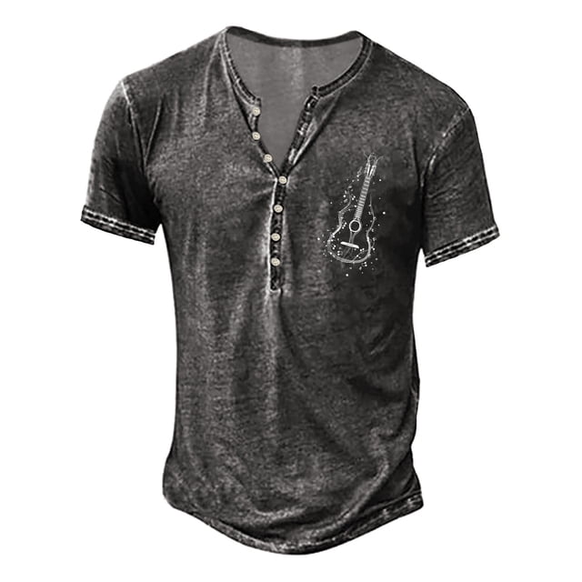 LUOGENLI Male T-shirts for Mens Mens Summer Retro Old Basic Button Placket Small Print Short Sleeved Shirt T Shirt 4xl Mens T-shirts Graphic Tees Easter Dark Gray L