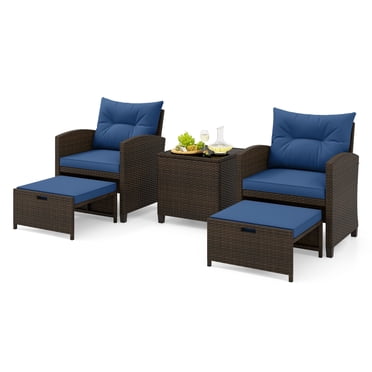 Gymax 5 CS Rattan Furniture w/ & Tempered Glass & 2 Ottomans Coffee Table Patio Navy