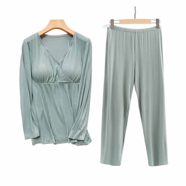 LSLJS Ensemble de Pyjama d'Allaitement pour Femmes Enceintes, Chandails d'Allaitement à Manches Longues, Shorts et Pantalons de Grossesse 2 Pcs, Pyjamas d'Allaitement, Pyjamas et Vêtements de Détente de Maternité ( TTG, Vert )