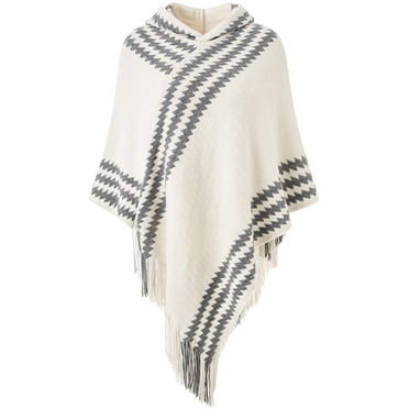 Women's Hooded Zigzag Striped Knit Cape Poncho Sweater with Fringes