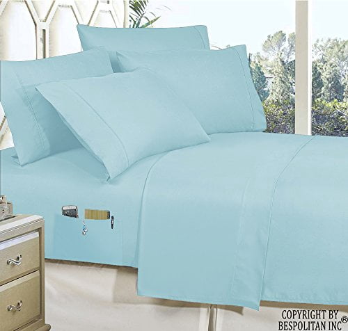 Ensemble de Draps Intelligent 4 Pcs pour Grand Lit! Luxe Doux 1500 Fils Qualité Égyptienne Résistant aux Plis et à la Décoloration avec Poches de Rangement Latérales sur Drap-Housse, Grand Lit, Bleu Aqua
