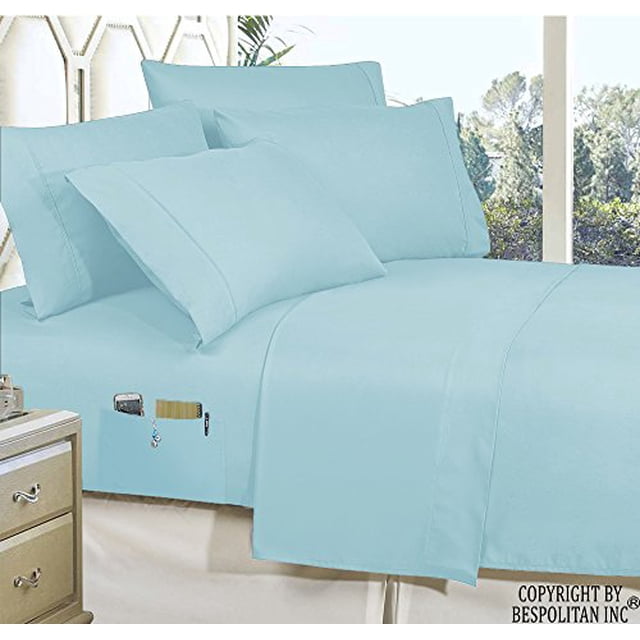 4-Piece Queen- Smart Sheet Set! Luxury Soft 1500 Thread Count Egyptian Quality Wrinkle and Fade Resistant with Side Storage Pockets on Fitted Sheet, Queen, Aqua Blue