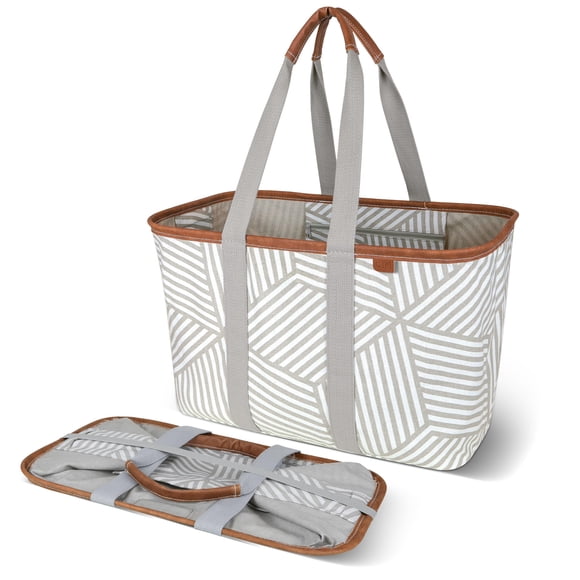CleverMade Snapbasket Luxe Pliable Fourre-Tout - Taupe Géométrique 1 Paquet 30 L / 8 Gal - Réutilisable Épicerie Pliable Rangement Organisateur de Magasinage