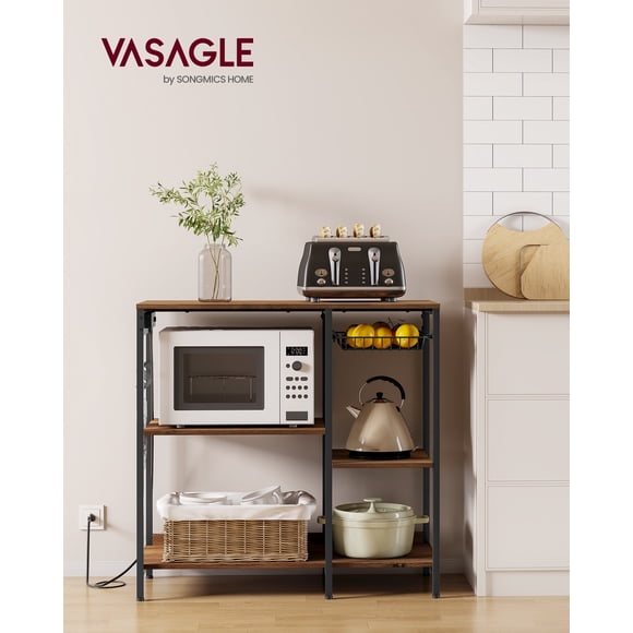Baker's Rack, Coffee Bar Stand with Charging Station, Storage Shelves, Pull-Out Wire Basket, Table for Microwave, Kitchen, Rustic Walnut