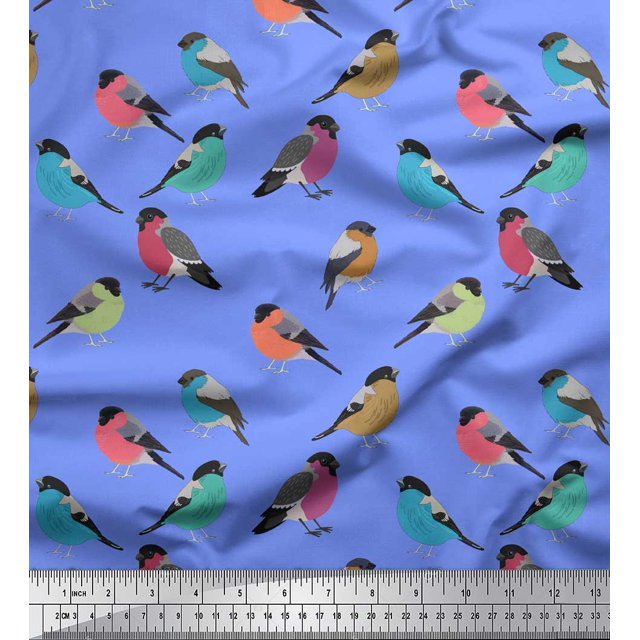 Soimoi Blue Heavy Satin Fabric Rufous Flycatcher Bird Fabric Prints By Yard 56 Inch Wide