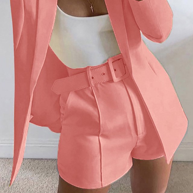 LOVZFMLL Women's Solid Suit Pant With Pockets Waisted Shorts With Belt Pink L