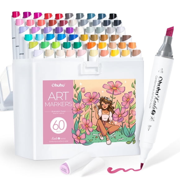 Ohuhu Marqueurs à Alcool : Mini Pinceau et Mince Grand 60 Couleurs d'Illustration Pointe Double Pointe Pinceau Marqueur d'Art à Base d'Alcool pour Artistes Adultes Coloriage Illustrateur