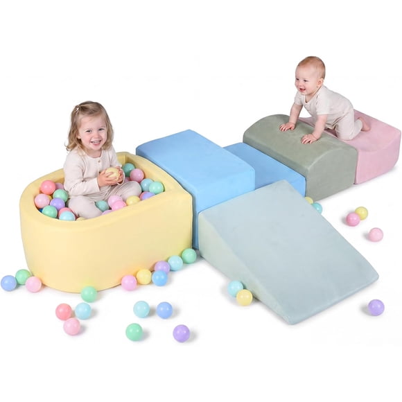 OLAKIDS Jouets d'Escalade pour Tout-Petits, Blocs d'Escalade en Mousse et Fosse à Balles pour Bébé, Ensemble de Jeu d'Activité de 5 Pcs avec Blocs d'Escalade et de Rampement pour Enfants, Gym de Jeu Intérieur en Mousse pour Ramper et Glisser