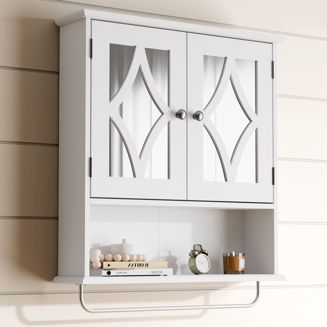 RoyalCraft White Wall Mounted Medicine Cabinet with Mirror featuring diamond-patterned doors, adjustable shelves, and a towel bar. Crafted from durable MDF with a water-resistant paint finish, this space-saving cabinet offers stylish storage for bathroom essentials. The open shelf below provides space for decor or toiletries, while the silver handles and retro-inspired design enhance bathroom organization and elegance.