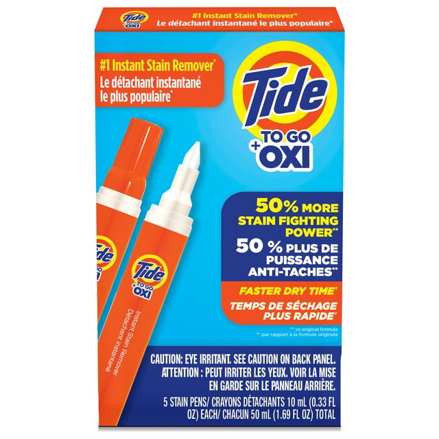 Tide to Go Stylo Détachant Portable 5 Ct avec Corps orange et Pointe en Microfibre Blanche, Conçu pour une Élimination Instantanée des Taches sur les Vêtements, Montré sur un Emballage Bleu et orange Mettant en Valeur 50 % Plus de Puissance de Combat des Taches et un Temps de Séchage Plus Rapide, Comprend Cinq Stylos Tachants de 10 ml (0,33 oz Liq.) Idéal pour un Traitement des Taches sur le Terrain.