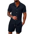 thumbnail image 1 of UVEASISHA Men's 2 piece Matching Set Textured Summer Beach Outfit Solid Color Breathable Button Down Shirt ShortsTracksuits Set Comfortable Loose Fit Navy,M, 1 of 8