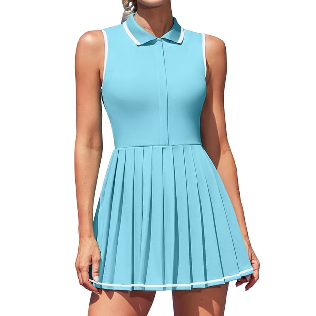 Charmo Robe de Tennis à Fermeture Éclair pour Femmes, Robe Polo d'Entraînement de Golf, Robe Plissée avec Shorts et Poches de Couleur Bleu Pâle. la Robe Présente un design Sans Manches avec une Encolure Polo, une Demi-Fermeture Éclair à l'Avant et une Jupe Trapèze Plissée. Fabriquée à Partir de 93 % polyester et 7 % Élasthanne, Elle Est Légère, Évacue l'Humidité et Élastique, Idéale pour des Activités comme le Tennis, le Golf, la Course et les Entraînements au gym. Comprend des Shorts Séparés Taille Haute avec Deux Poches Cachées pour