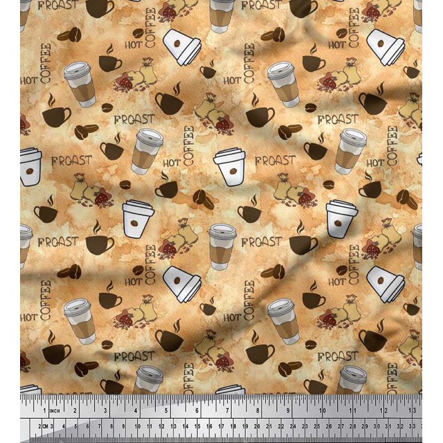 Soimoi Velvet Fabric Hot Coffee Beverages Printed Fabric 1 Yard 58 Inch Wide