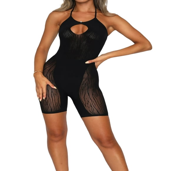 Women Hollow Out Sexy Romper Mesh Short Jumpsuits Halter Neck Backless Shorts Bodycon Bodysuit Overall Y2K Playsuit