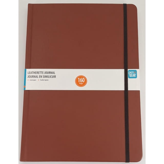 PG LARGE LEATHERETTE JOURNAL with brown PU cover, large 8.25 by 11.75 inch size, 160 lined pages, and black elastic band closure, ideal as a business journal or for personal note-taking at home or office.