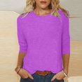 thumbnail image 2 of CEHVOM Mode Femmes Solide T-shirt Mi-Longueur Manches 3/4 Blouse Col Rond Casual Tops Dégagement, 2 of 5