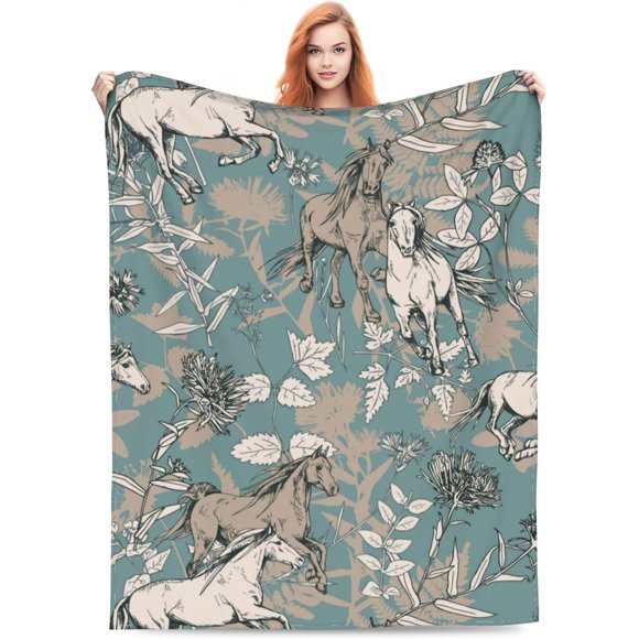Horse Blanket for Girls Women Horse Blanket Gifts 60" x 50" Flannel Flower Daisy Horse Throw Blanket for Bed Living Room Sofa Couch Soft Warm Lightweight Cozy Horse Decor