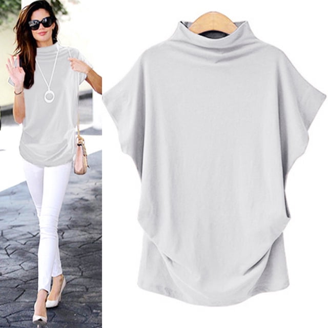 AMERTEER Blouse Décontractée en Coton à Manches Courtes et Col Roulé pour Femmes, Grande Taille
