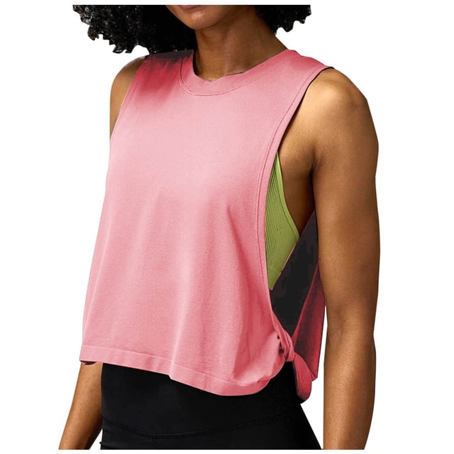 Timegard Womens Workout Tank Top Athletic Running Loose Cropped Top Tee Side Knot Solid Color Pullover