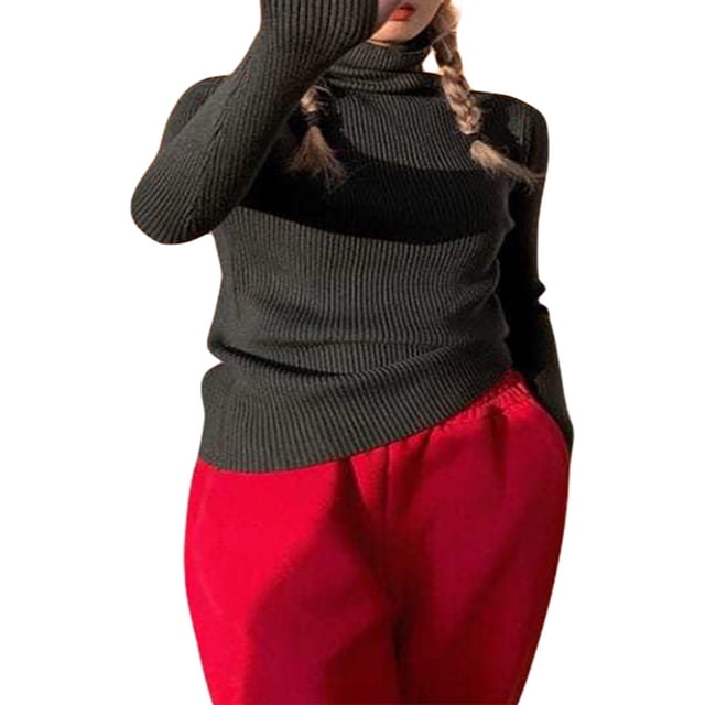 Hauts en Tricot Côtelé pour Femmes à Manches Longues, Col Roulé, Couleur Unie, Coupe Ajustée