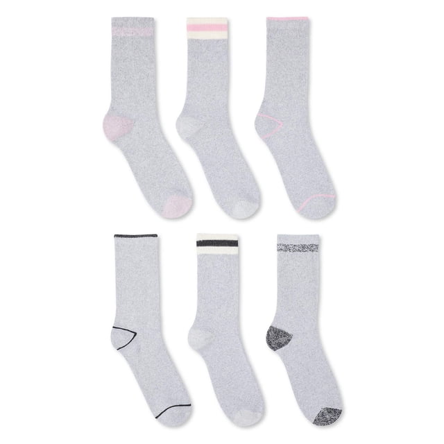 Workload 6-Pack Ladies Crew Work Sock set includes six light grey crew socks with cushioned cotton blend fabric and spandex for a comfortable fit. Each sock features different accent colours on toes, heels, and cuffs in pink, cream, black, and dark grey. Fully cushioned for impact protection, these socks are ideal for everyday women's casual wear and suitable for active work settings.