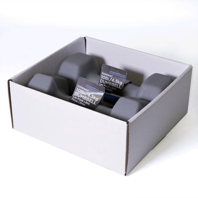 Ensemble d'Haltères Hexagonaux en Néoprène de 10 Lb avec une Paire d'Haltères Gris Antidérapants en Néoprène avec Extrémités Hexagonales dans une Boîte en Carton Blanche, Chacun Étiqueté 10 Lb/4,5 kg, Convient à l'Entraînement de Force et aux Exercices Aérobiques.