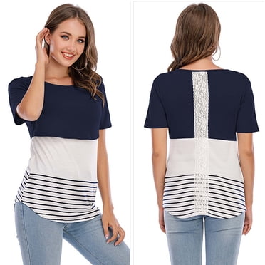 EGNMCR Short Sleeve Round-Neck Blouses & Shirts Plus Size T-shirt Short-sleeved Color-blocking Lace Nursing Clothes Pregnant Women Blouse