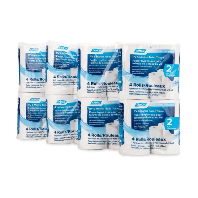 Camco 40271 RV & Marine Toilet Tissue, 2 ply - 32-Pack featuring eight packages each with four rolls of fast dissolving, septic safe, biodegradable white toilet paper designed for RV and marine sanitation systems, with 500 sheets per roll suitable for household paper product use.