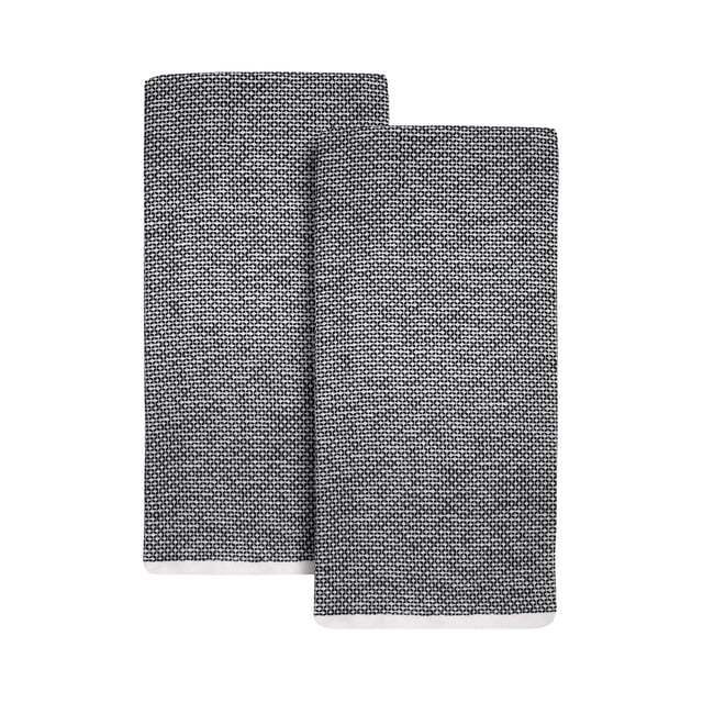 Better Homes & Gardens 2pk Kitchen Towel set with two oversized 100% cotton woven towels in black and white textured pattern and white edging, measuring 30 by 20 inches, suitable for drying dishes, wiping countertops, and cleaning spills.