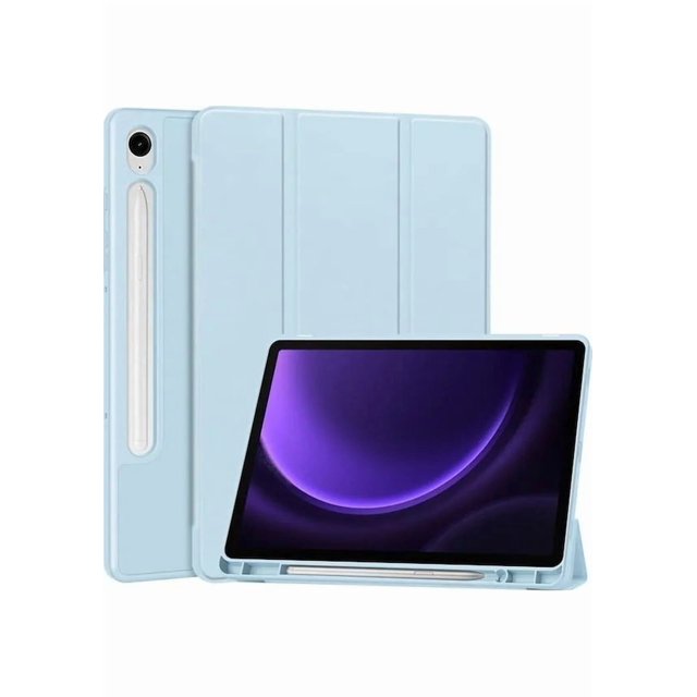 Samsung Tab S9 FE Protective Cover with Stylus Holder in White Ice Blue color. This premium shockproof case features a sleek and elegant design, a dedicated pen slot for secure stylus storage, and durable material for protection against drops and scratches. Lightweight and perfectly fitted for the Samsung Tab S9 FE, it ensures full coverage and easy portability.