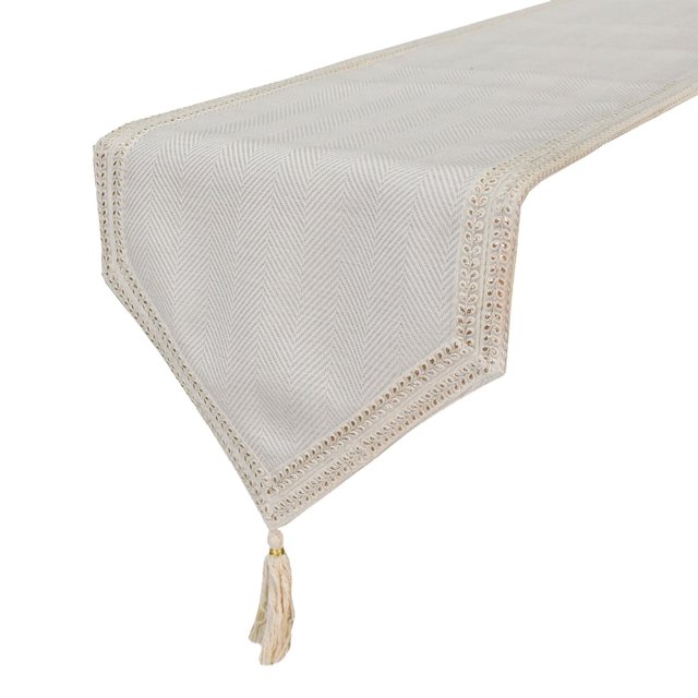The HomeCentric Designer Ivory Grey Table Runner 8 - 10 Seater Table Runner (14 x 120 inch), Chevron Weave, Lace, Tassels, Linen fabric Table Linen, Geometric Pattern Modern Style - Eleganza