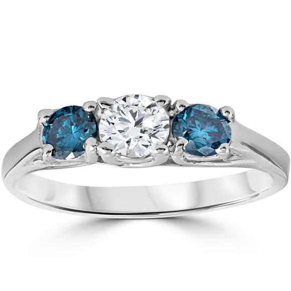 Bague de Fiançailles Treillis à 3 Pierres Traitées 3/4 Ct Diamant Bleu Blanc en Or Blanc 14 K