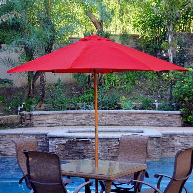Jeco Parasol de Marché en Bois de 9 Pieds pour Patio en Polyester, Rouge