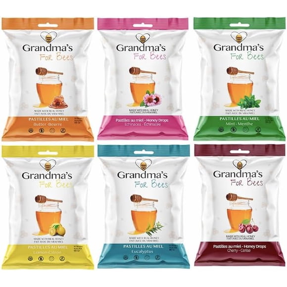 Grandma's For Bees | Old Fashioned Honey Drops – Variety Discovery Pack | 6 Flavours: Lemon, Eucalyptus, Cherry, Butter, Mint and Echinacea | 6 x 80g Bags