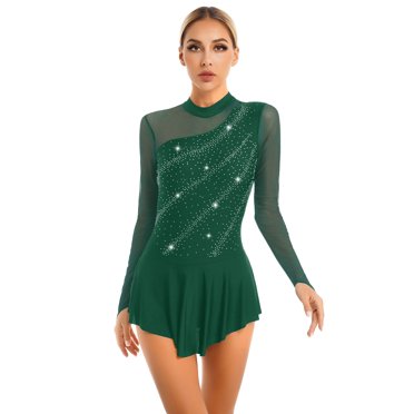 Alvivi Robe de Patinage Artistique pour Femmes à Manches Longues, Brillante avec Strass, Costume de Gymnastique Ballet Danse Vert P