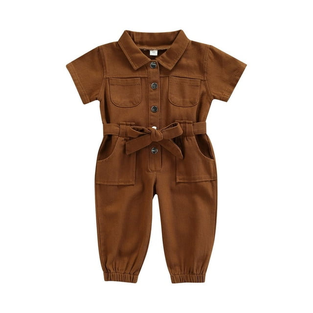 Girls Fashion Solid Color Pocket Single-Breasted Long Sleeve Jumpsuit