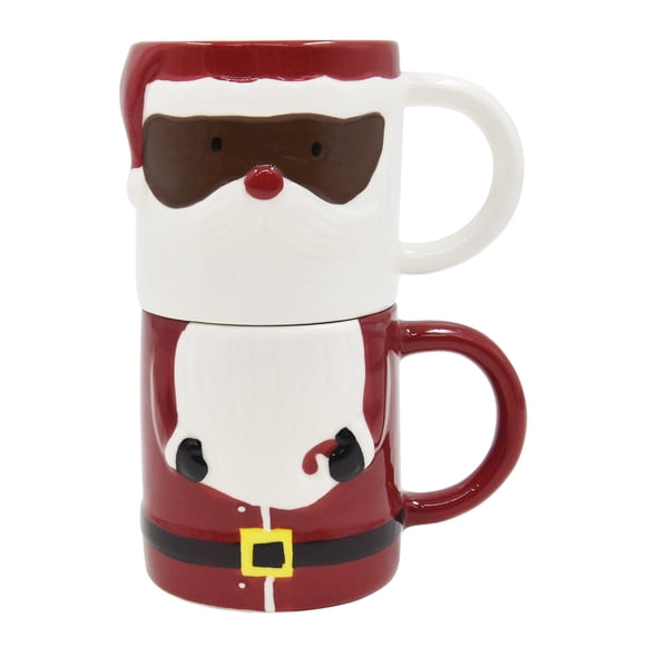 Holiday Time 2 pack Stoneware Christmas Dark Santa Claus Stacked Mug, 22.4 oz, Festive Drinkware