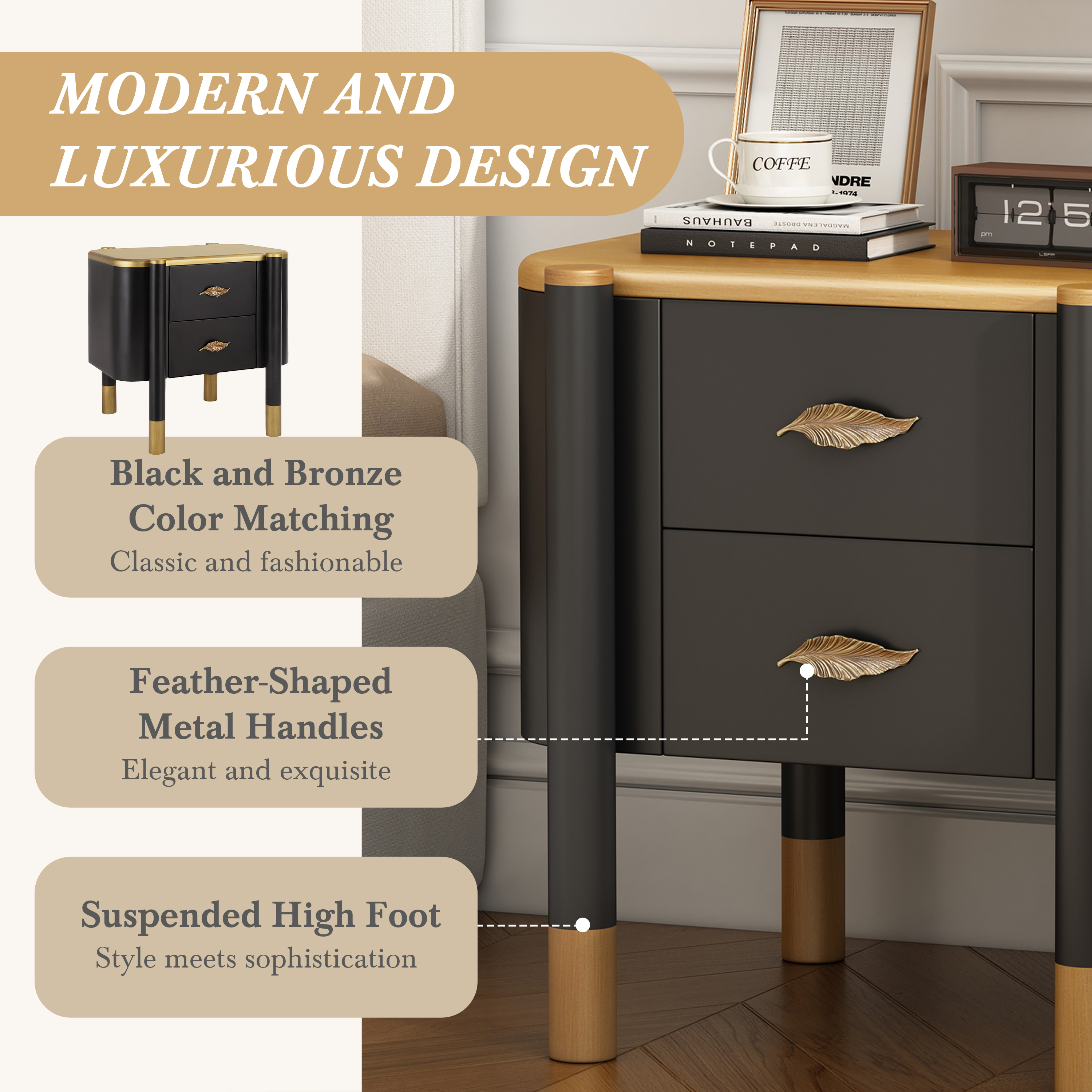 Noble House Contemporary Nightstand with 2 Drawers,Curved Profile Design & Feather-Shaped Metal Handles,for Bedroom,Black