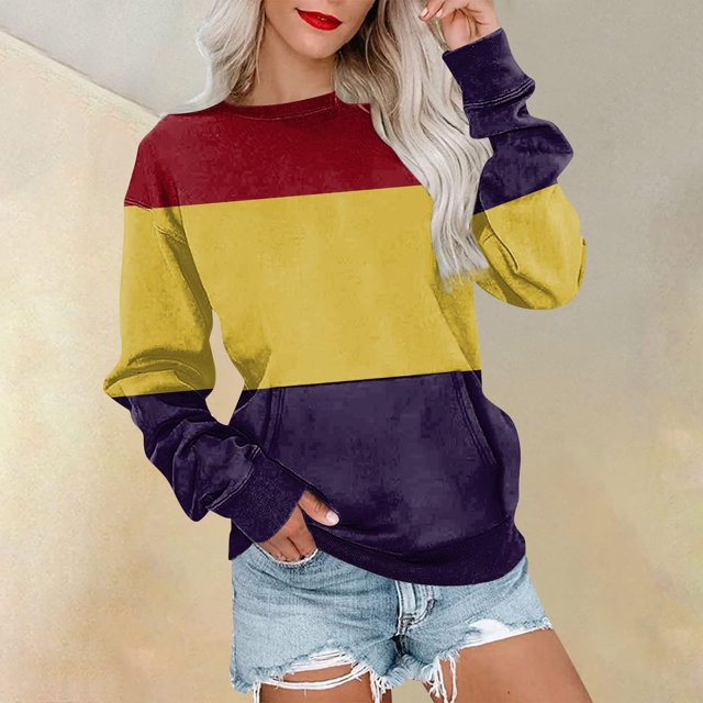 Meichang Chandails en Molleton Légers pour Femmes Col Rond Manches Longues Chandail Décontracté Tendance à Blocs de Couleur Automne avec Poches