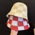 thumbnail image 4 of LinYooLi Straw Bucket Hat for Women Plaid Patchwork Crochet Fisherman Hat Outdoor Sun Protection Hollow Ladies Bucket Cap, 4 of 8