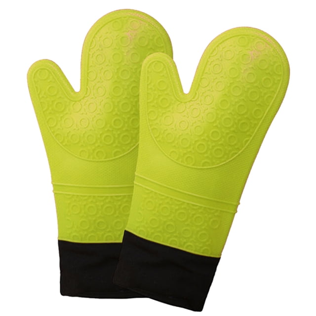 Oven Mitts - Silicone Oven Mitt Heat Resistant 500 Degrees in green color with a textured non-slip grip and black cuffs. Waterproof and FDA-approved, designed for cooking and baking, featuring a soft inner cotton lining for comfort and heat protection. Suitable for handling hot pans, plates, and utensils.
