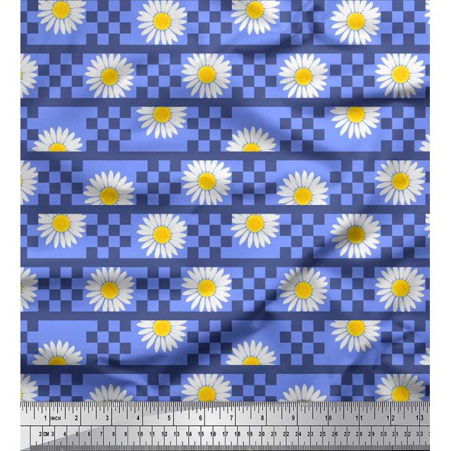 Soimoi Crepe Silk Fabric Stripe,Square & Daisy Floral Printed Craft Fabric by the Yard 42 Inch Wide