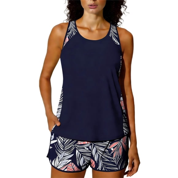 FAVIPT Swimsuit for Women Printed Tankini Bathing Suit Modest Tummy Control Swim Set with Sporty Shorts Dark Blue,L