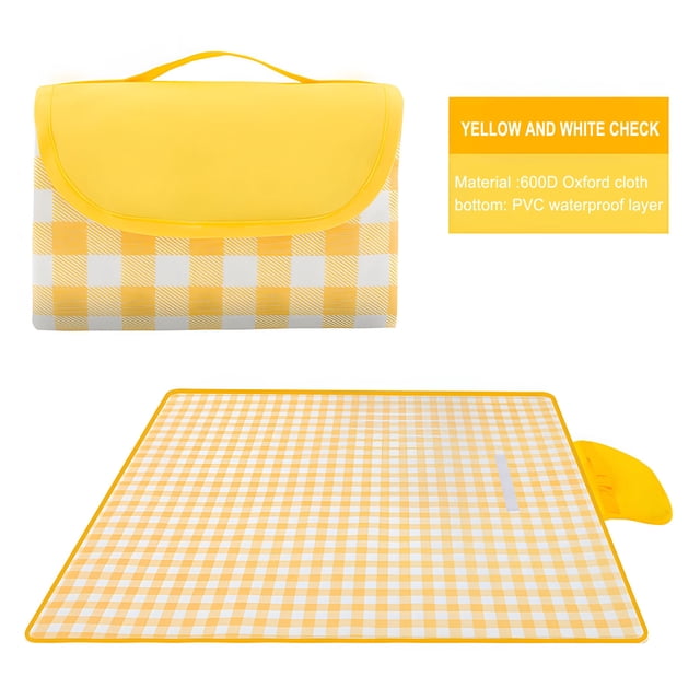 Outdoor Travel Parent-child Camping Carpet featuring a yellow and white checkered design. Made from 600D Oxford cloth with a PVC waterproof layer, it measures 150 x 100 cm, accommodating 2-4 adults with children. The blanket is foldable to a compact size of 30 x 20 x 3 cm with a carry handle for easy portability. Suitable for outdoor activities like picnics, camping, and beach outings, as well as indoor uses such as children's play mats or fitness mats. The waterproof and sand-resistant material ensures easy cleaning and durability.