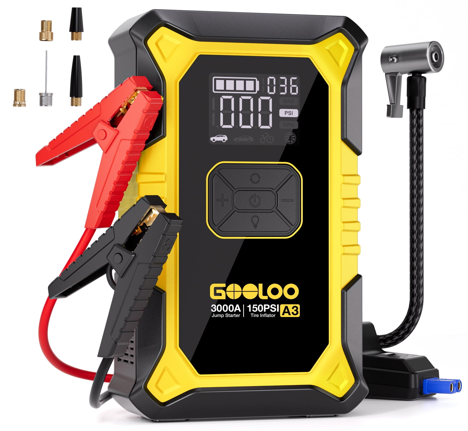 Gooloo A3 Car Jump Starter with Air Compressor, 3000A 150PSI Portable Jump Starter (9.0L Gas/6.5L Diesel) with Digital Tire Inflator, 12V Car Battery Charger Booster with LED Light Power Bank