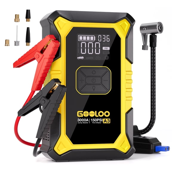 Gooloo Démarreur de Voiture A3 avec Compresseur d'Air, Démarreur Portable 3000A 150PSI (9.0L Essence/6.5L Diesel) avec Gonfleur de Pneus Numérique, Amplificateur de Batterie de Voiture 12V avec Lumière LED Banque d'Alimentation