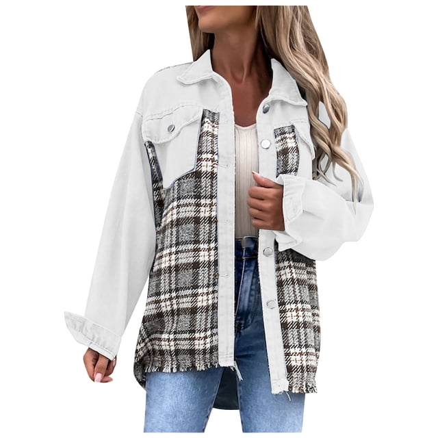 Pompotops Mode Femmes Décontracté Poches Imprimé Manches Longues Hauts Veste Manteau à Carreaux Liquidation