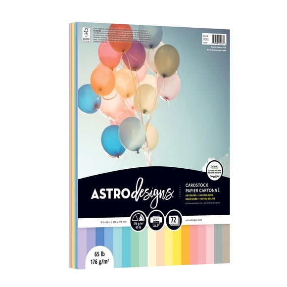 Astrodesigns Assorted Pastel Color Cardstock Paper Starter Pack, 8.5" x 11", 65 lb, 72 Sheets