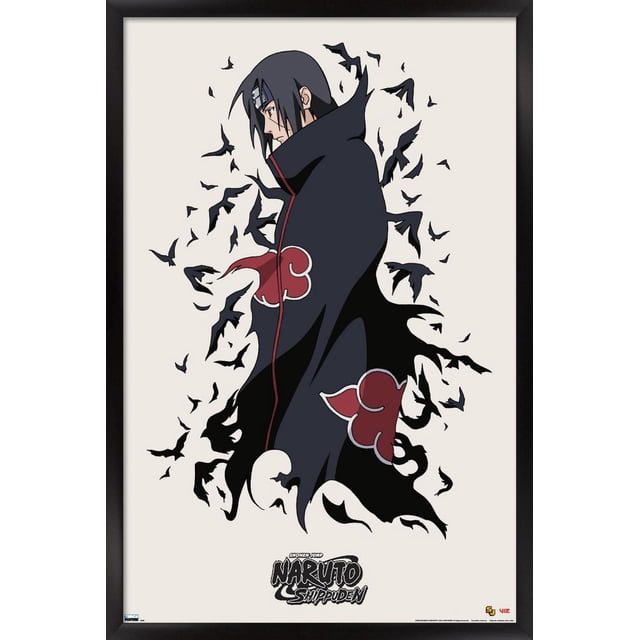 Naruto Shippuden - Itachi Wall Poster depicting Itachi Uchiha in a black Akatsuki cloak with red cloud symbols, shown in side profile surrounded by black crows dispersing on a light background, framed in black with the Naruto Shippuden logo at the bottom.